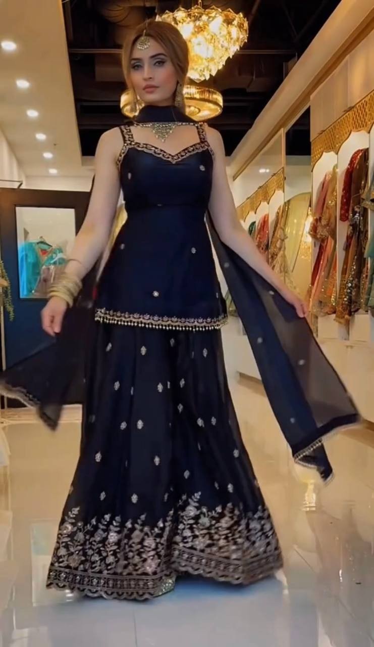 Latest Stylish Pure Silk Black Top Palazzo With Dupatta For Party Wear