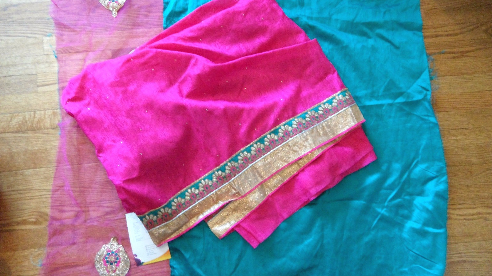GOLD PINK SAREE FUCHSIA ART BHAGALPURI JACQUARD FABRIC EMBROIDERED TEAL WEDDING