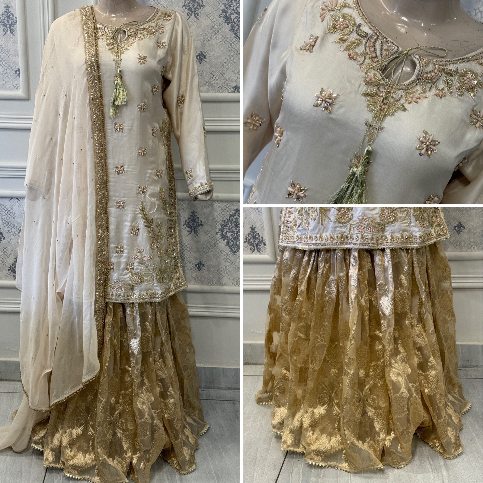 Pakistani Off White heavy jewel work Silk & Chiffon 3pcs Sharara Dress,L