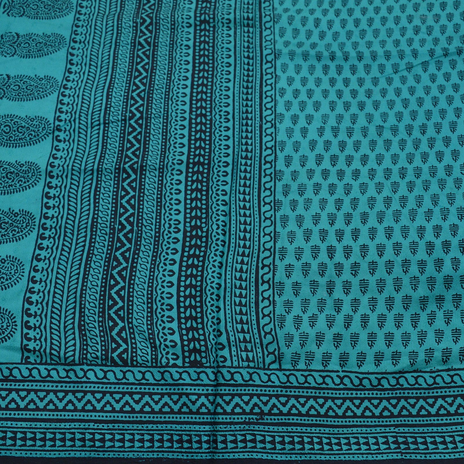 Indian Vintage Green & Black Sarees Hand Block Printed Sari Pure Silk Fabric 5yd