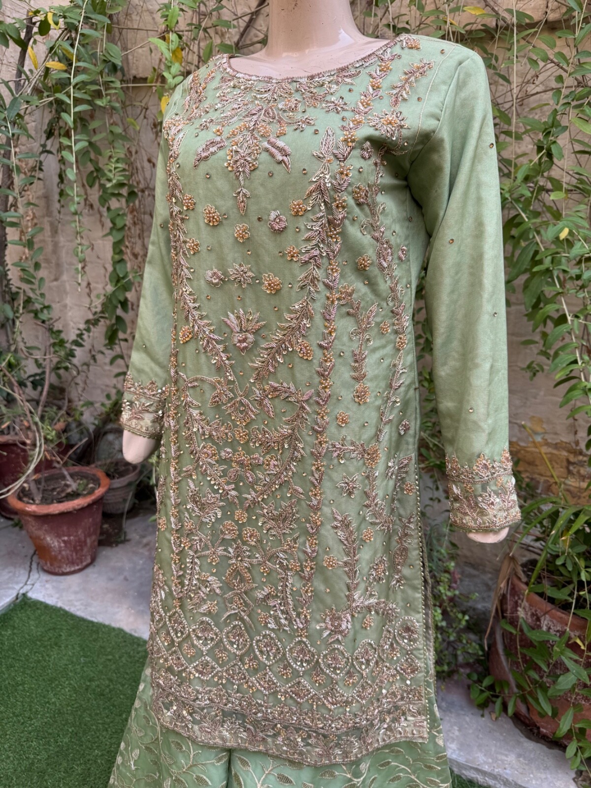 Pakistani Pista Green heavy jewel work Organza 3pcs Sharara Dress,M