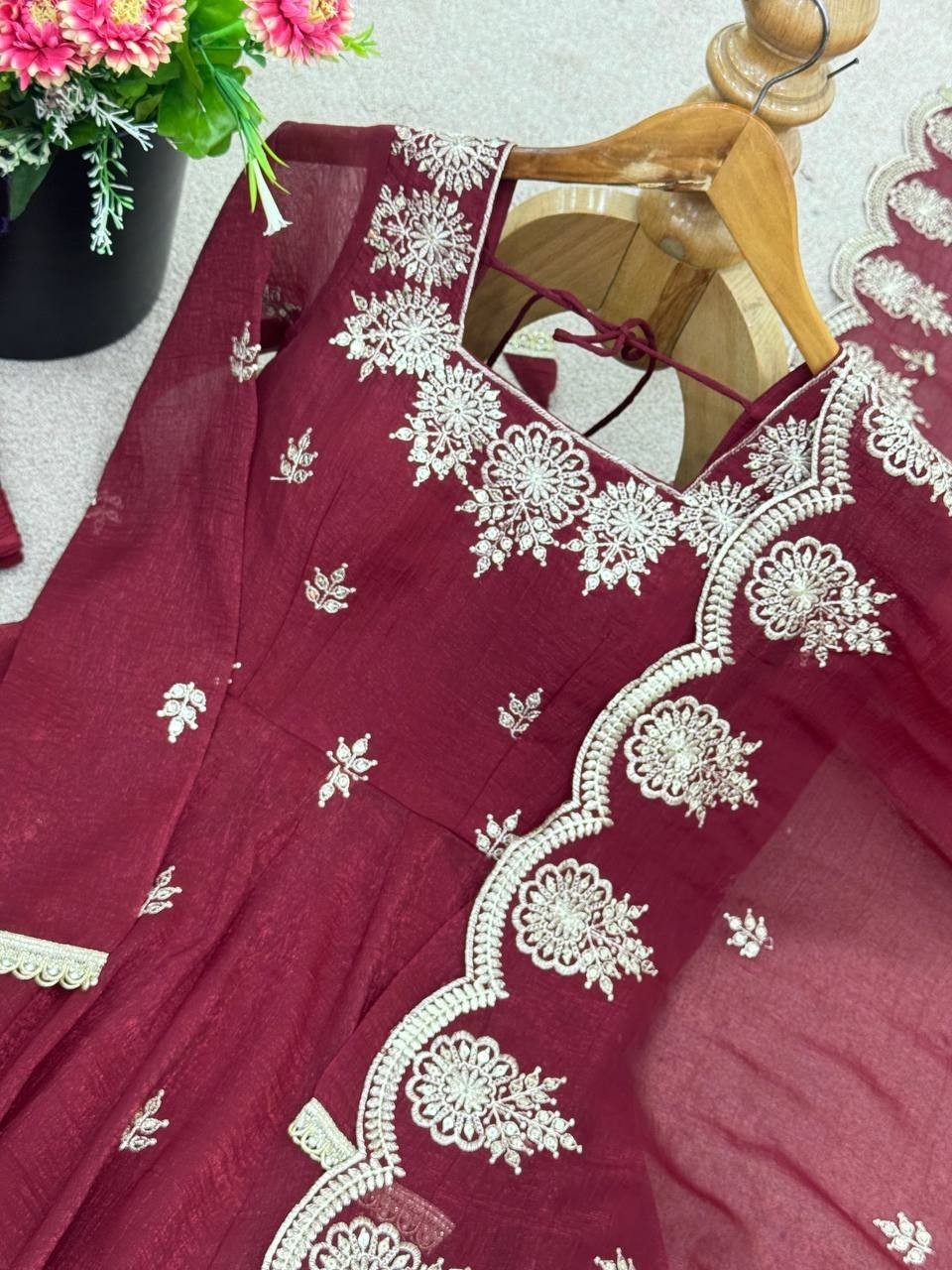Designer New Crunchy Silk Gown Bottom With Maroon Dupatta For Indian Function