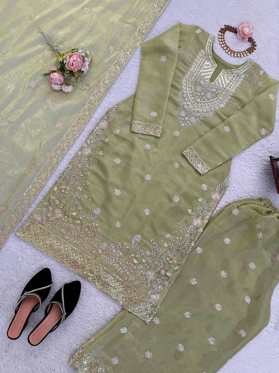 Stylish Heavy Silk Pista Green Top Palazzo With Dupatta For Indian Party Wear
