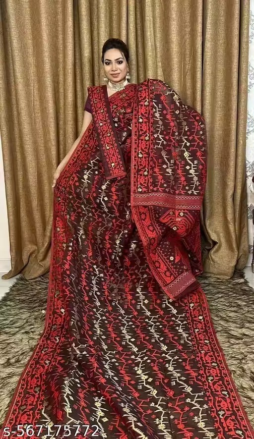 Traditional Bengali Handmade Jamdani Saree With Unstitched Bloused Wedding Wear