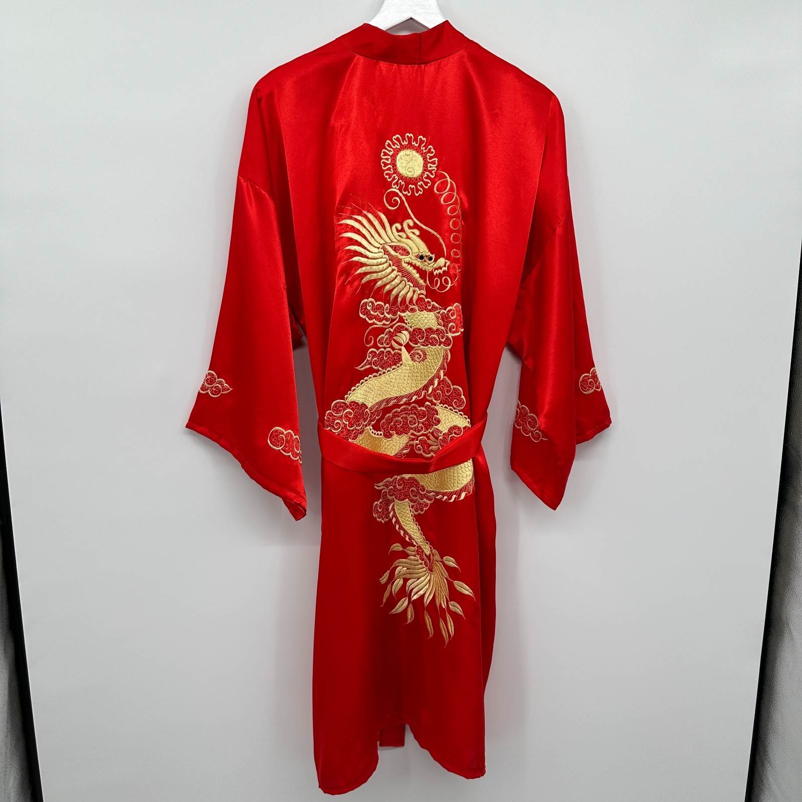 Vintage Silk Kimono Robe One Size Embroidered Dragon Silky Satin Lounge Yukata