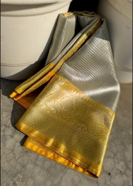 Women Banarsi Tissue Soft Silk Saree With Contrast Brocade Gold Blouse
