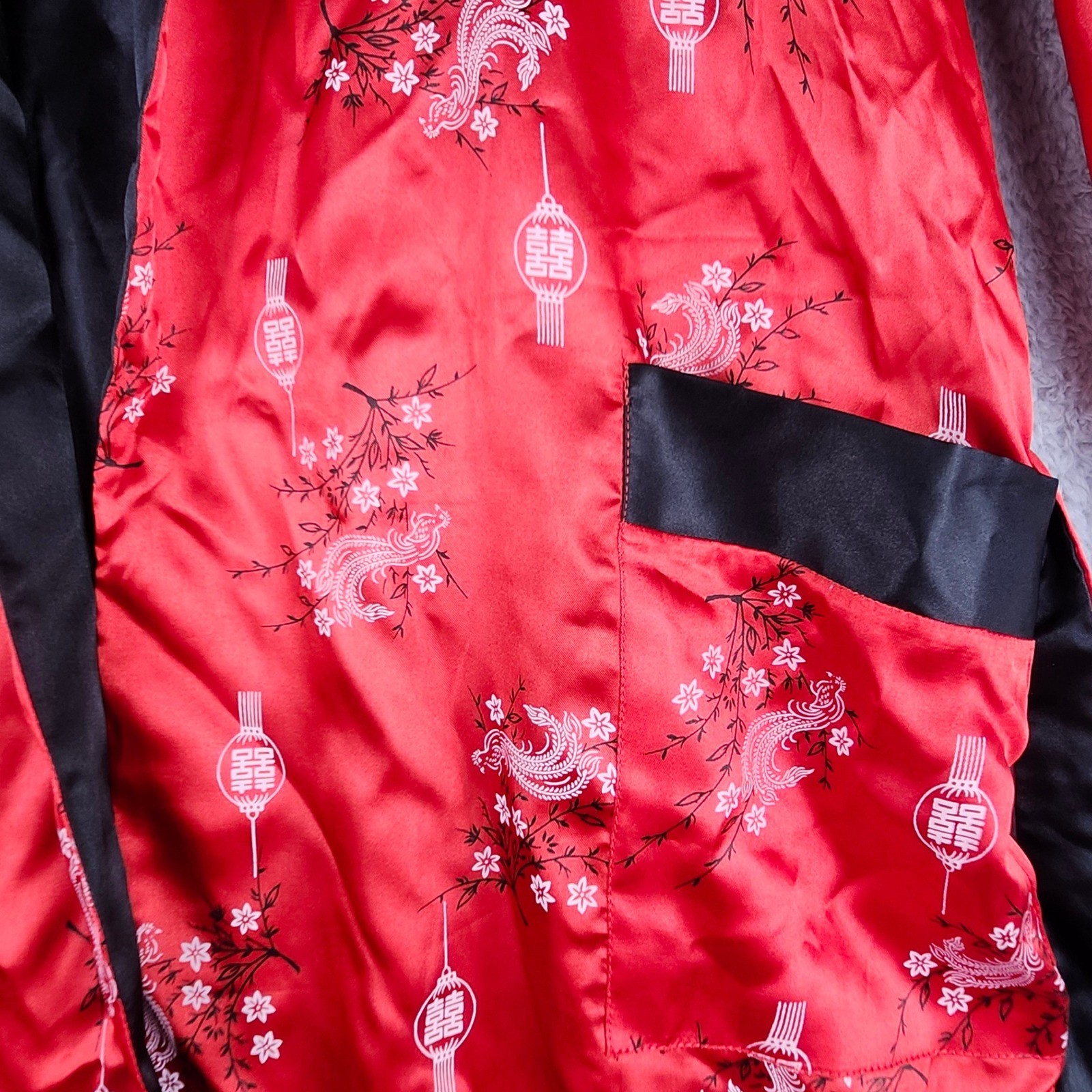 Thai Silk Kimono Robe L Reversible Red Black Asian Dragon Embroidered Lounge VTG