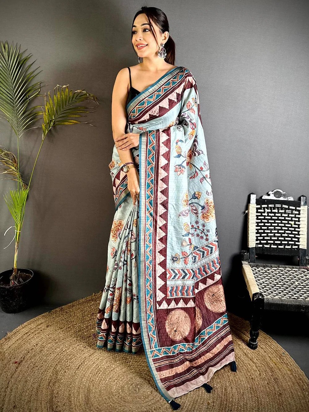 Women’s Saree Ajrakh Kalamkari Tussar Silk Blue Color With Blouse Piece