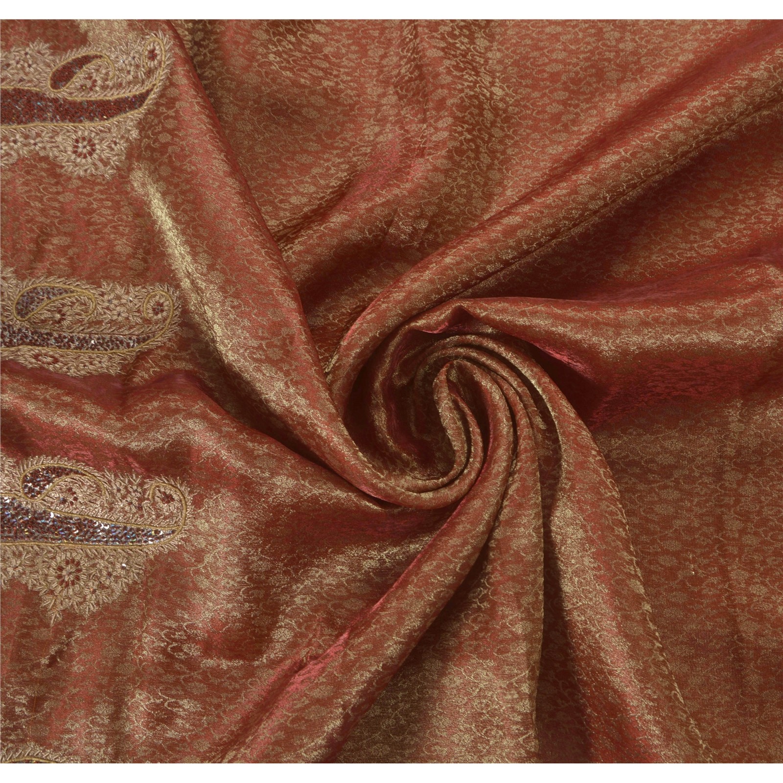 Sanskriti Sanskrit Vintage Dark Red Saree Tissue Hand Beaded Woven Craft Fabric