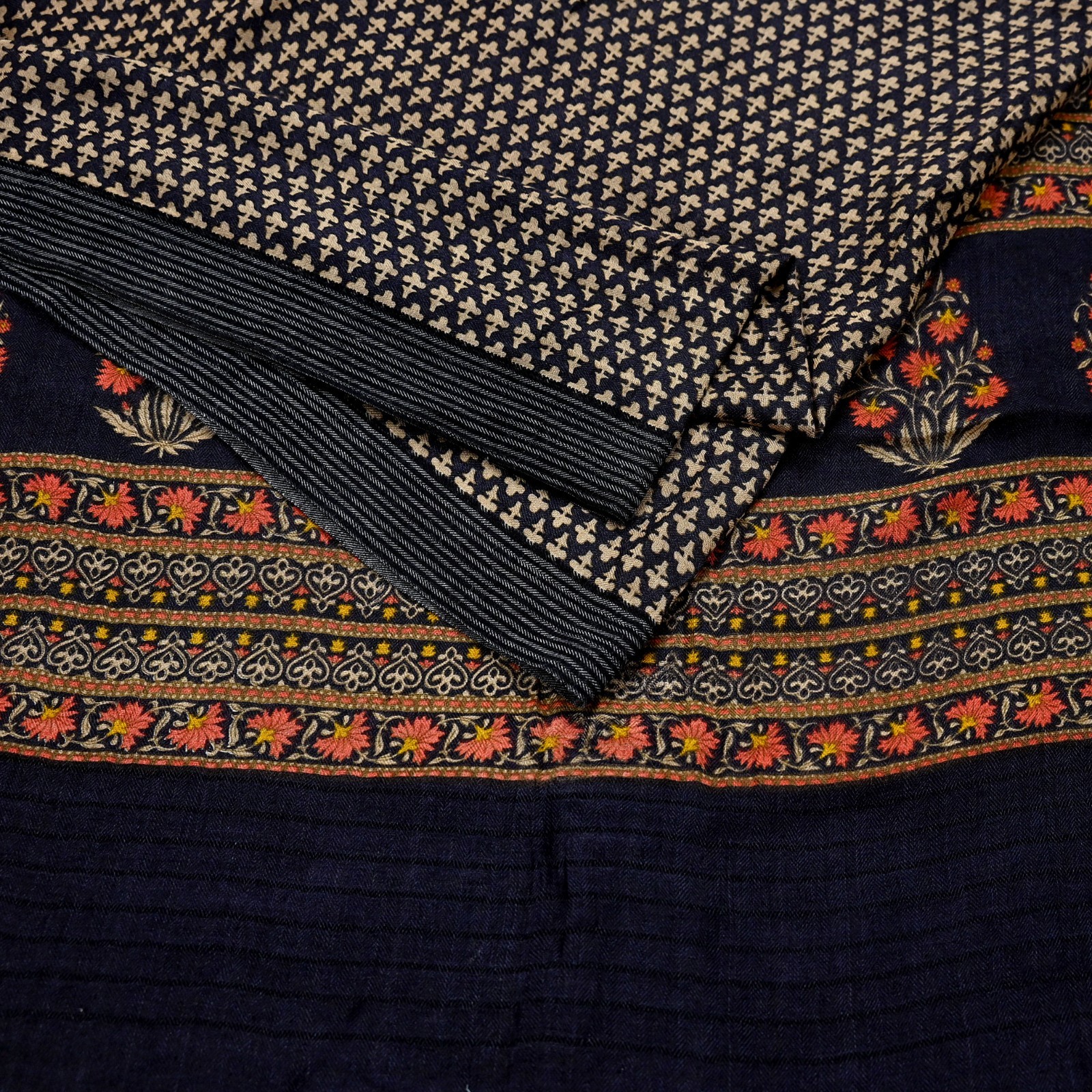 Vintage Black & Beige Saree Pure Woolen Woven Printed Sari Warm Craft Fabric 5Yd