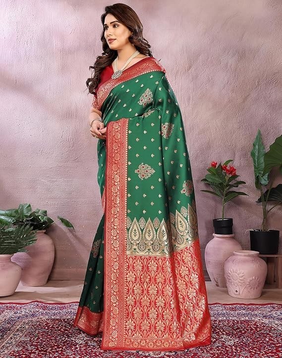 Women’s Banarasi Kanjivaram Cotton Silk Saree With Unstitched Blouse Material