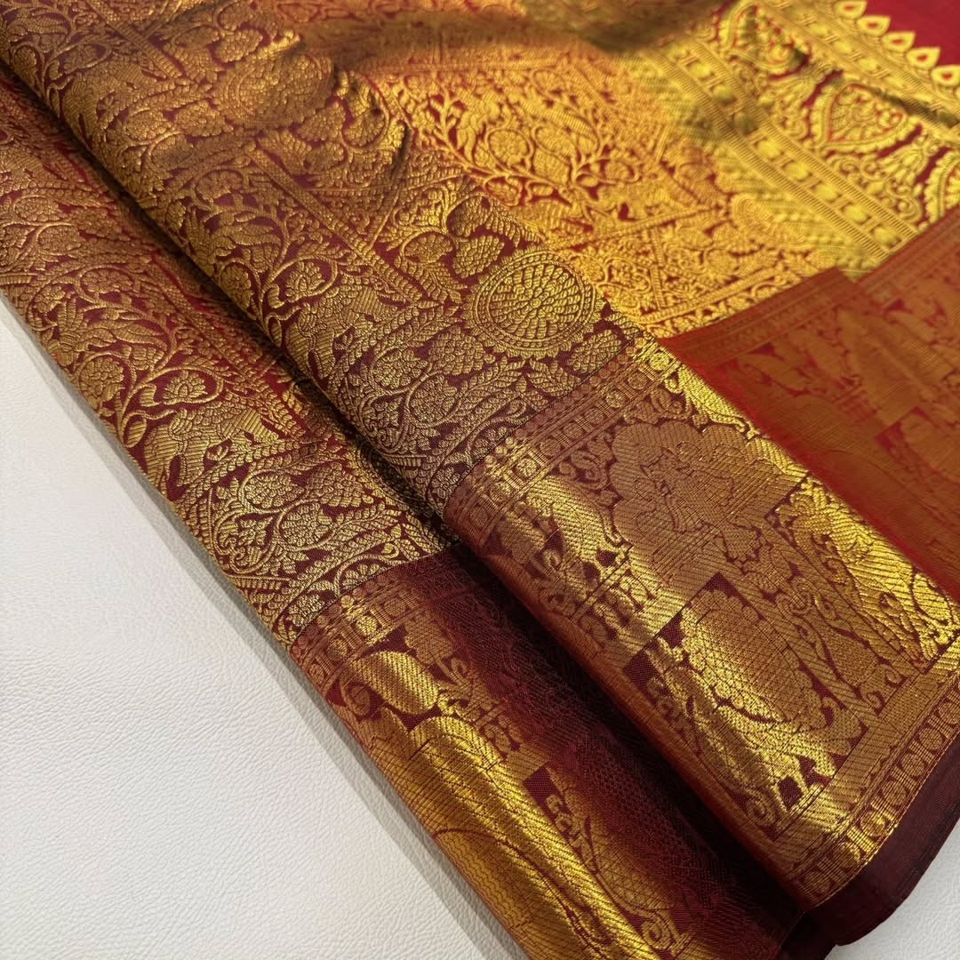 Premium Red Soft Silk Saree with Rich Gold Zari Work – Festive Collection