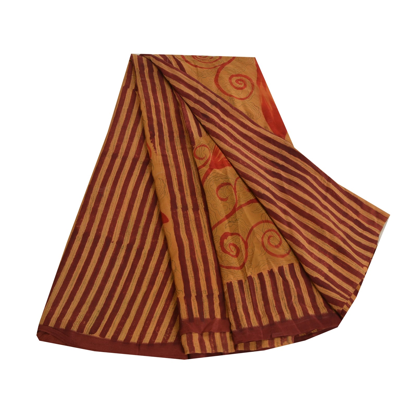 Sanskriti Vintage Sarees Red/Green Pure Crepe Silk Printed Sari 5Yd Craft Fabric