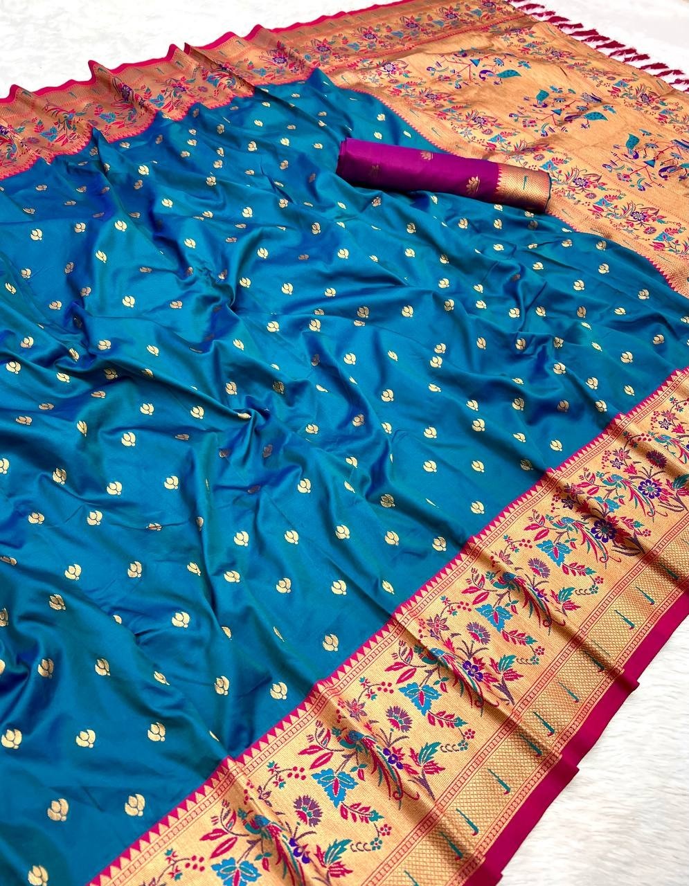 Designer Paithani Silk Saree With Golden Zari Work Party Wear Indian Ethnic Sari