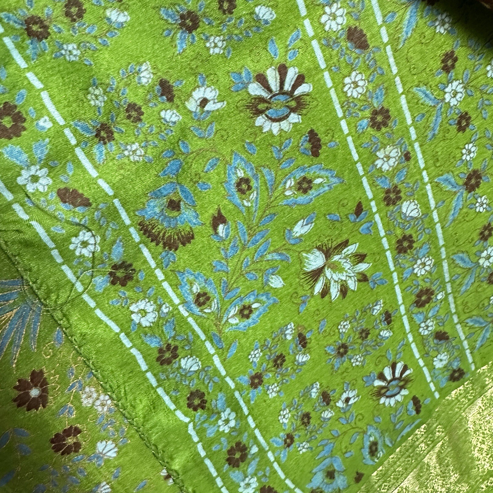 Vtg Indian Saree Choli Dress Top Set M Silk Lime Green Wine Gold Floral Metallic