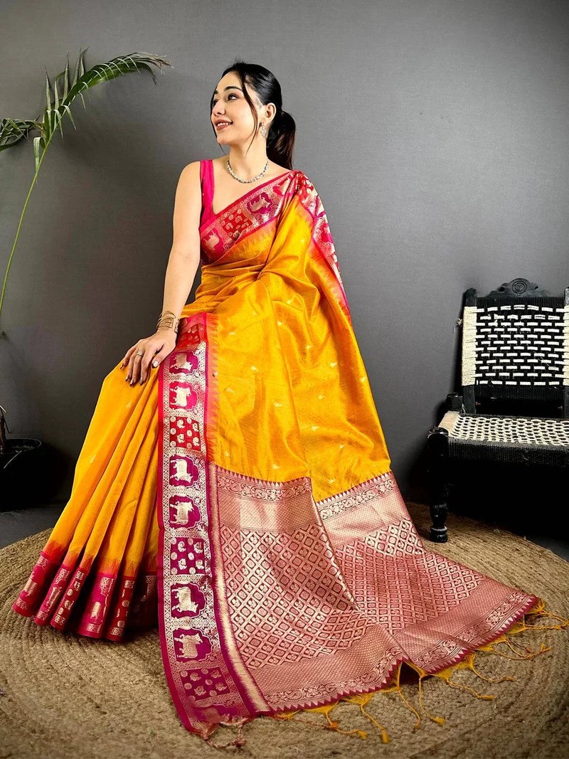 Women Yellow Minakari Kanchi Pattu Silk Katan Saree with Unstitched Blouse Piece