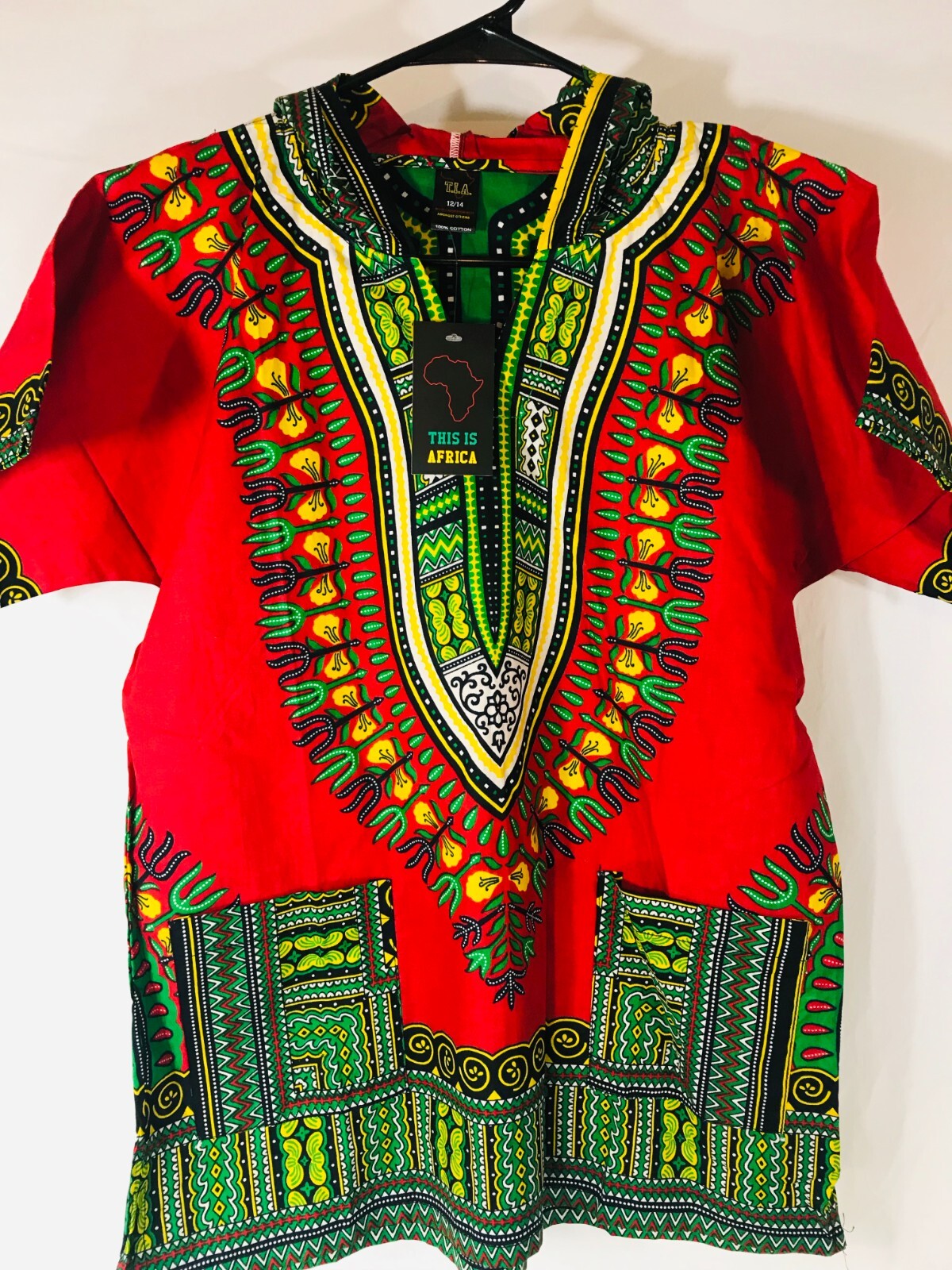 African Dashiki Short Sleeve Hooded Traditional Red Green Youth Size 12/14