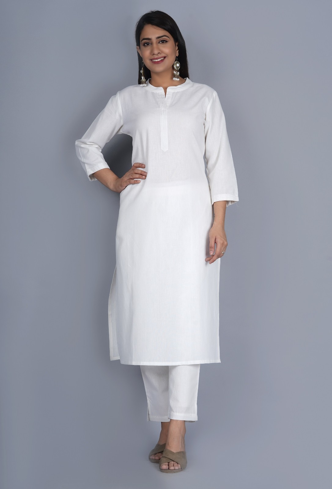 Bollywood Style Women White Cotton Kurta Set with Dupatta