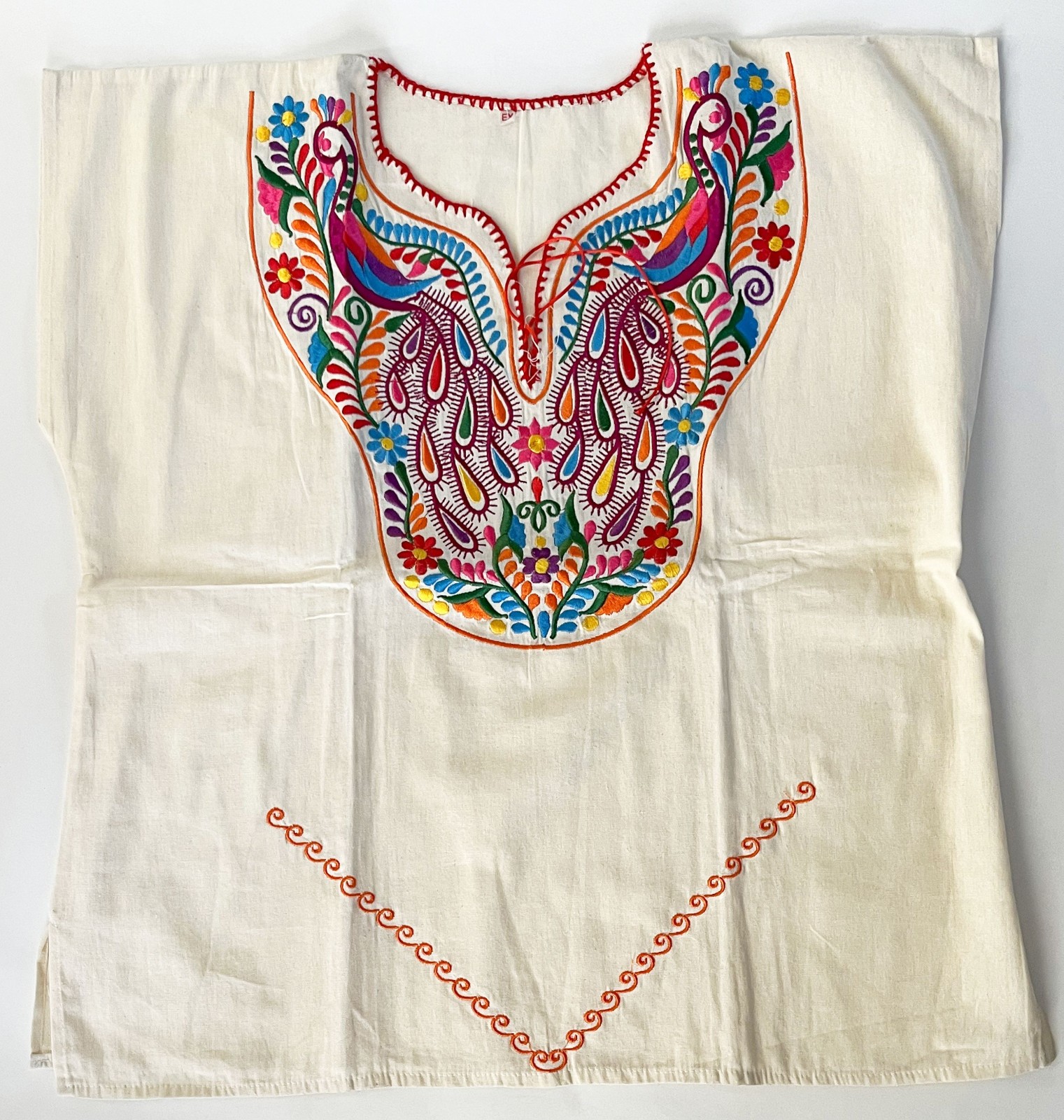 MEXICAN NATURAL WHITE COTTON COLORFUL EMBROIDERED HUIPIL WOMAN’S XL BLOUSE SHIRT