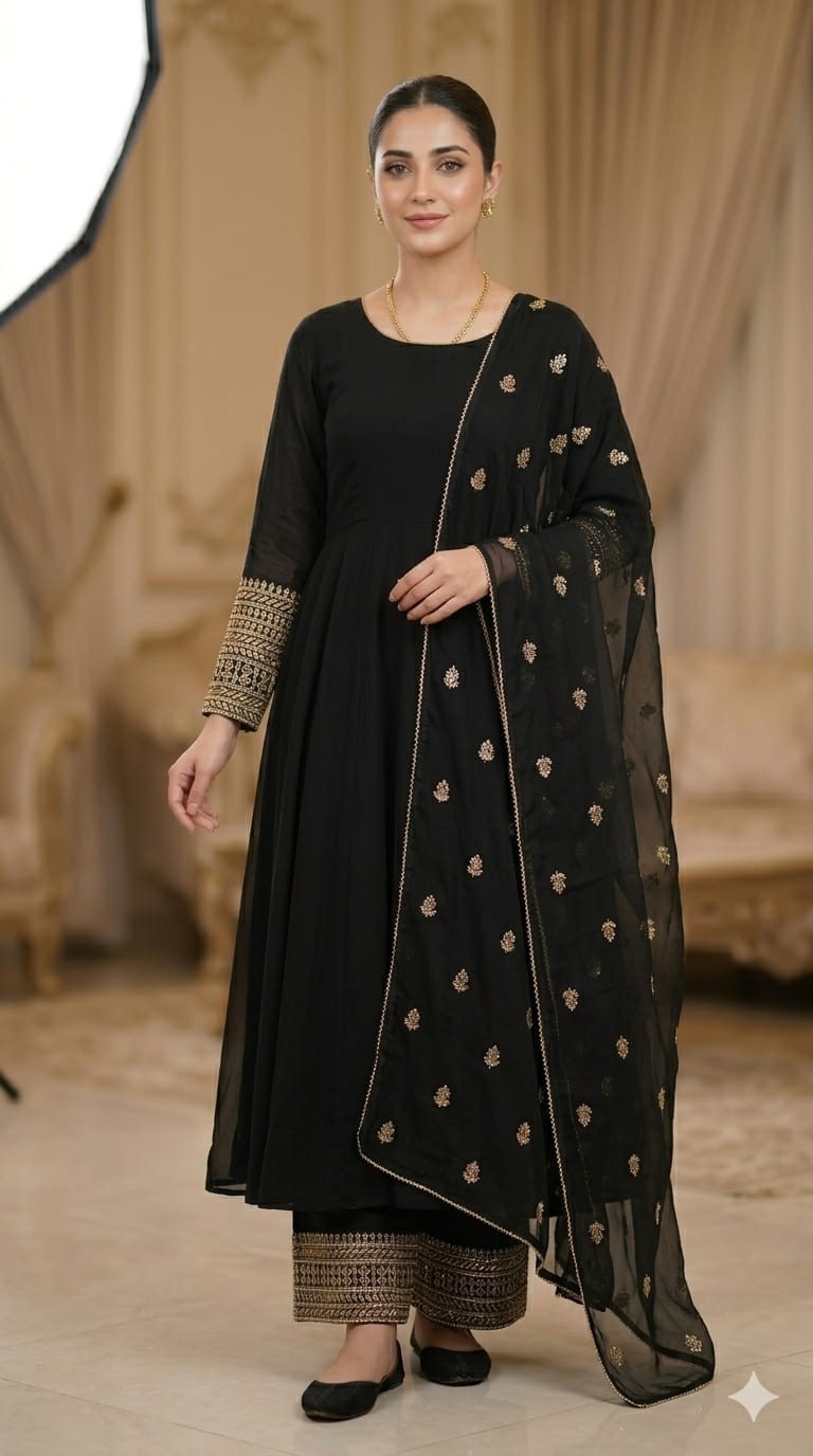 Gorgeous Black Raw Silk Zardozi Hand Embroidered Anarkali Suit -…