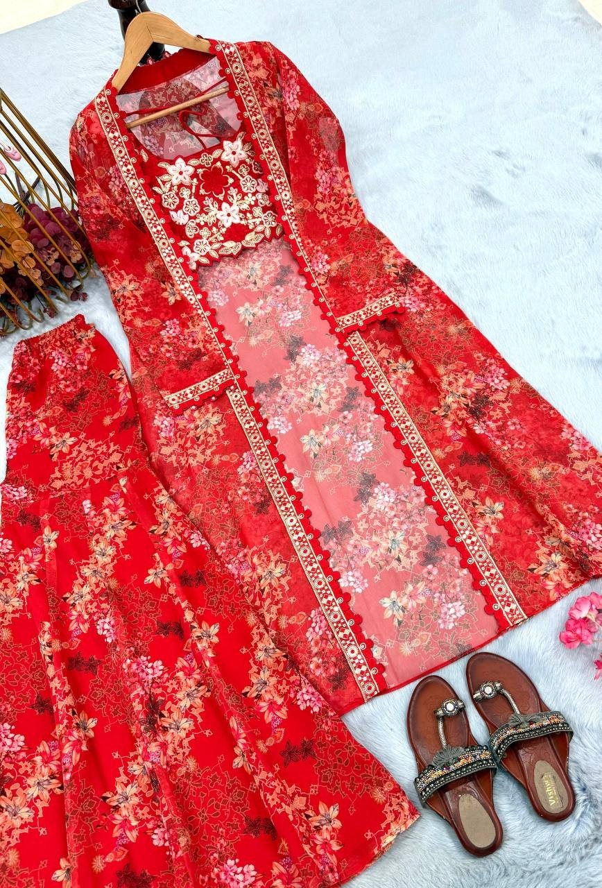 Readymade Designer Stitched Sharara Blouse with Shurg suits Dress For Women