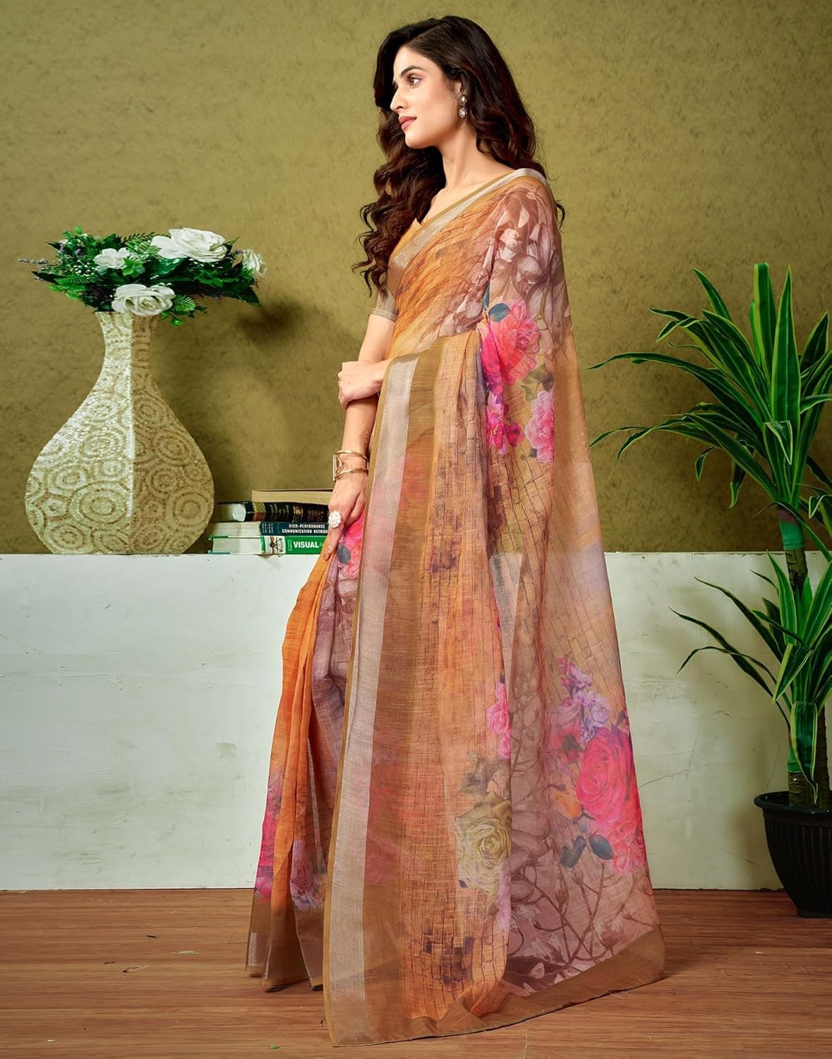 Women’s Cotton Linen Printed 1 Minute Ready to Wear Saree With Unstitched Blouse
