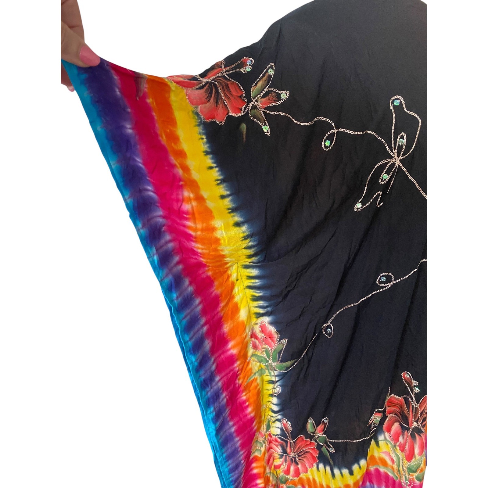 Island Planet Beaded Embroidered Floral Tie Dye Sequin Black Kaftan Cover Up OS