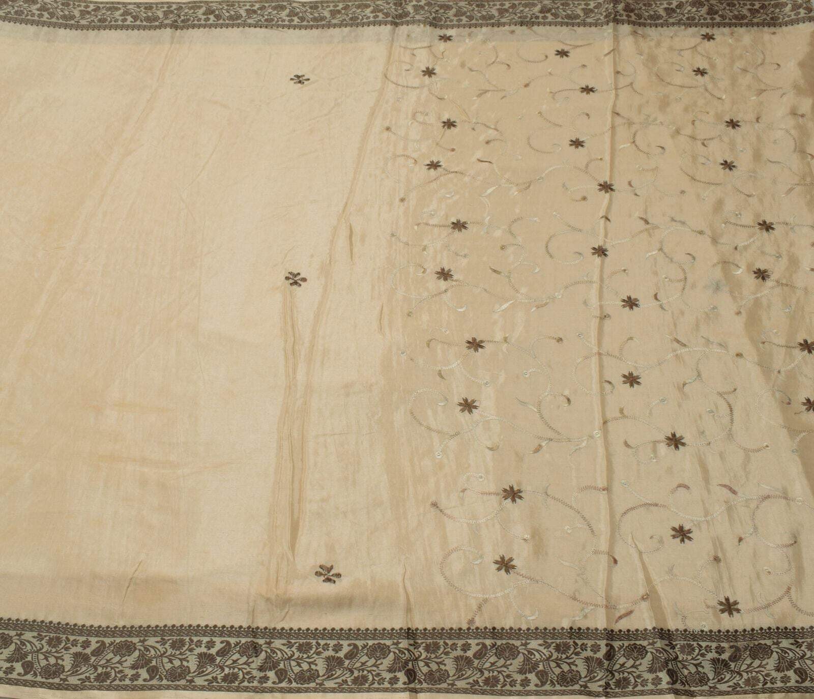 Sushila Vintage Cream Saree Blend Silk Embroidered Floral Sari Craft Fabric