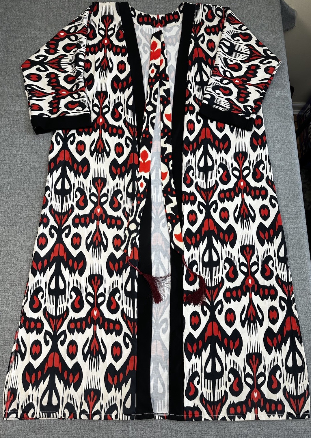 Uzbek National Adras Handmade Linen Robe, Long, Black and Red