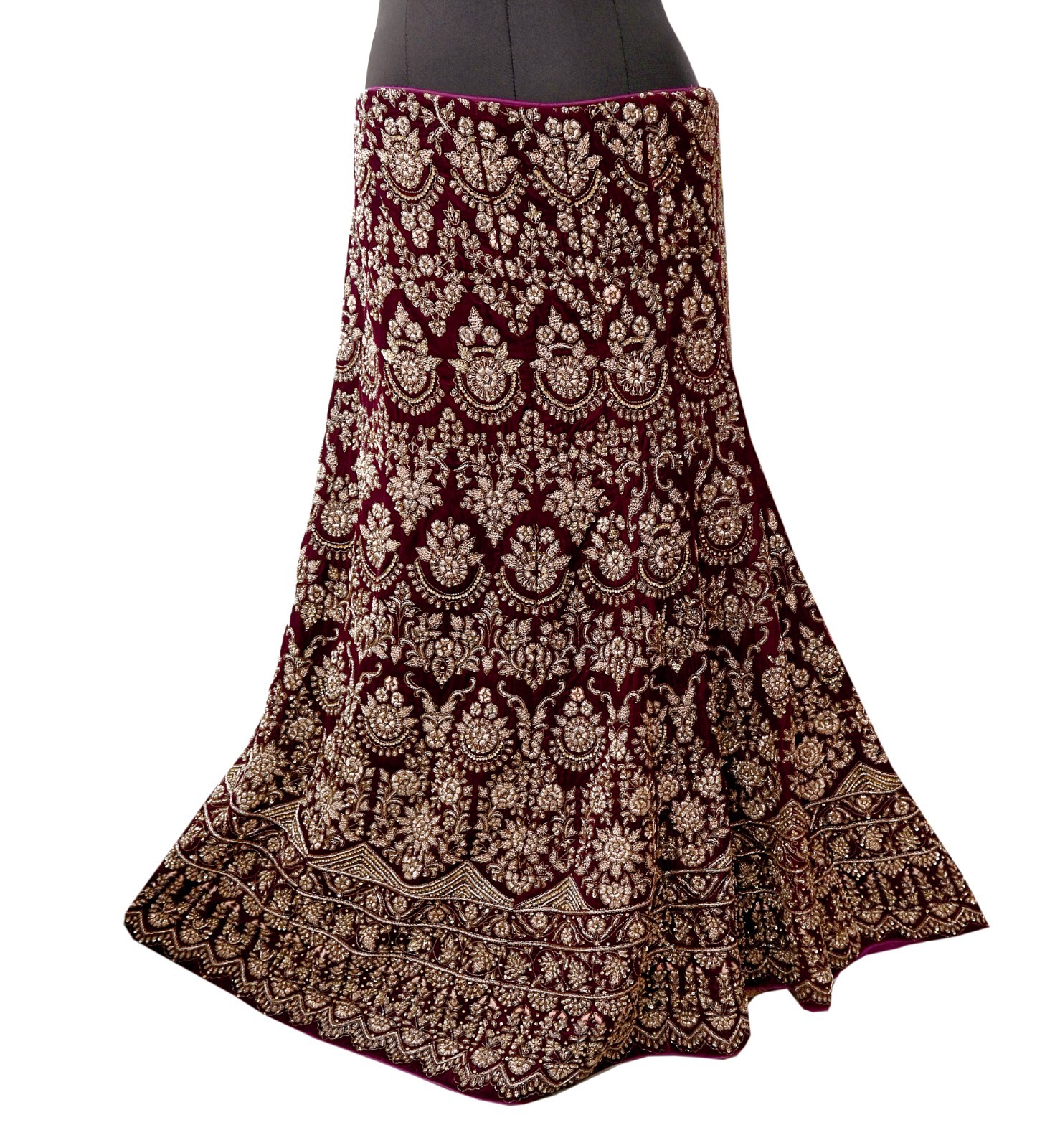 Indian Heavy wine Velvet Hand Embroidered Semi stitched Skirt Bridal Wear