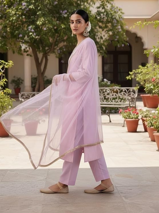 Cotton Silk with Zari Embroidery Kurta & Silk Crepe Pant Set And Net Dupatta