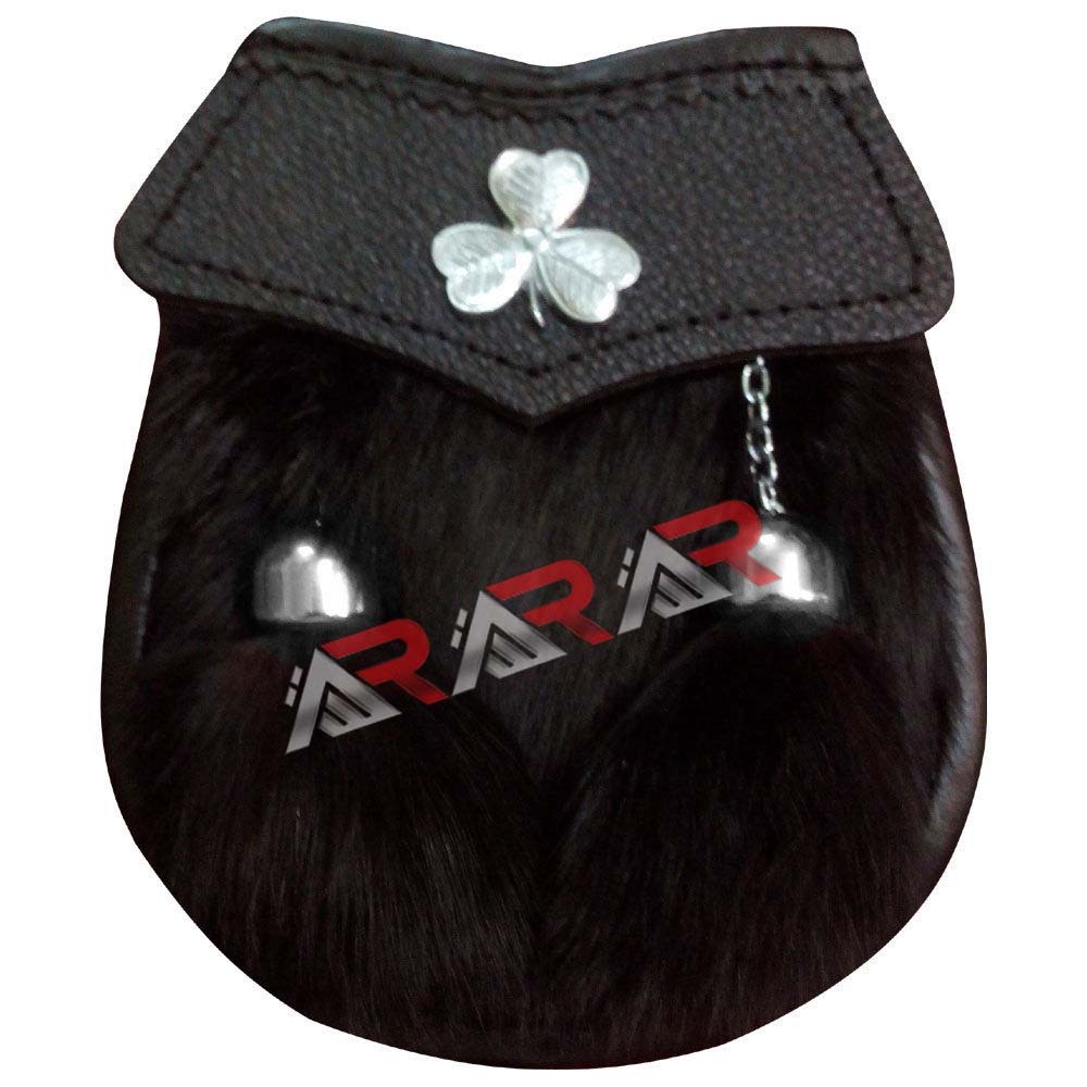 Irish Shamrock Leather Boys Sporran Black Fur Front 2 Tassels Chain AAR New