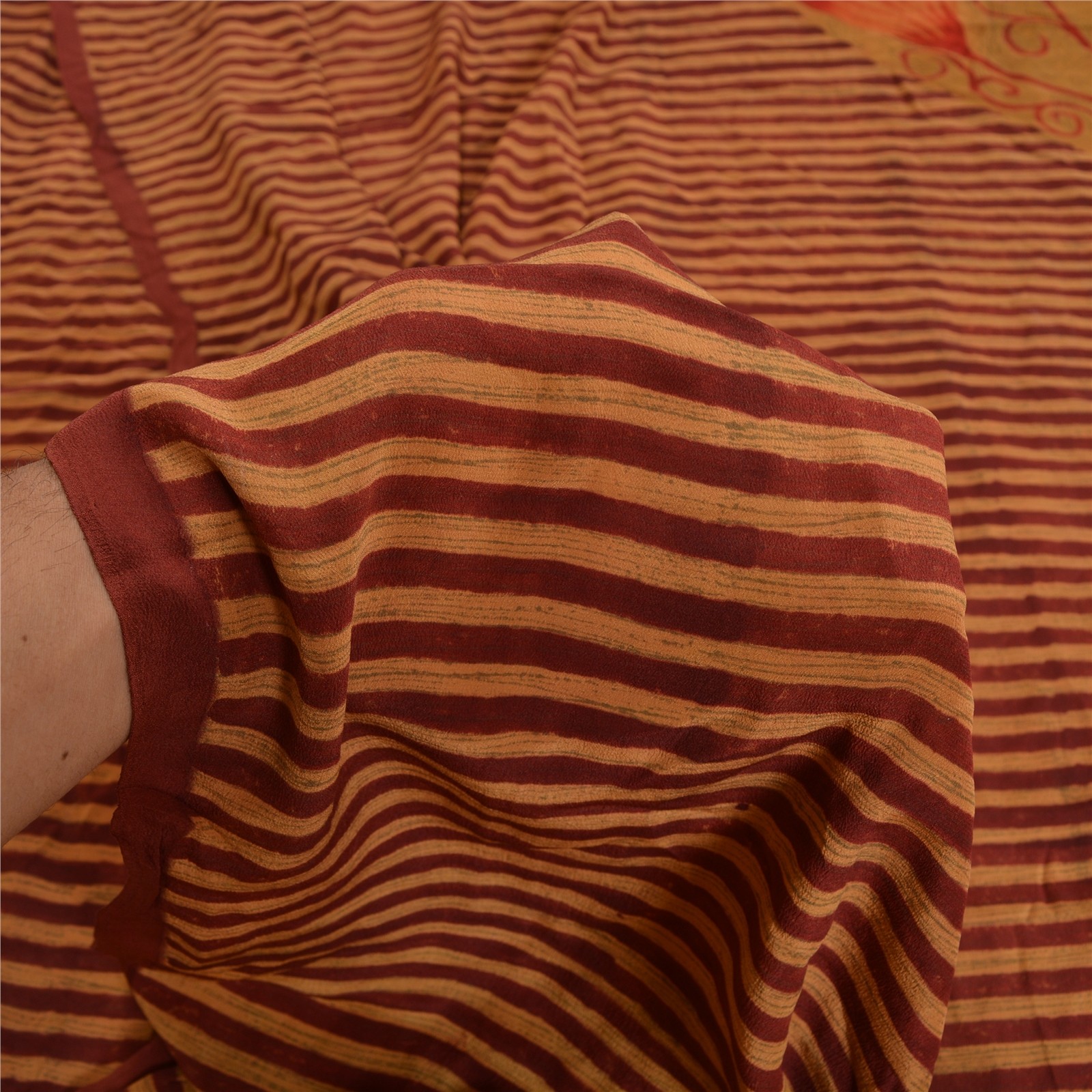 Sanskriti Vintage Sarees Red/Green Pure Crepe Silk Printed Sari 5Yd Craft Fabric