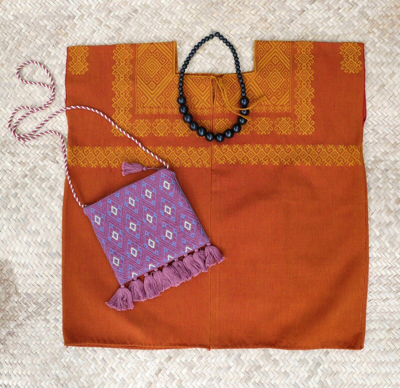 Huipil Mayan Gold & Rust Pinstripe Handwoven Backstrap Loom Chiapas Mexico Boho