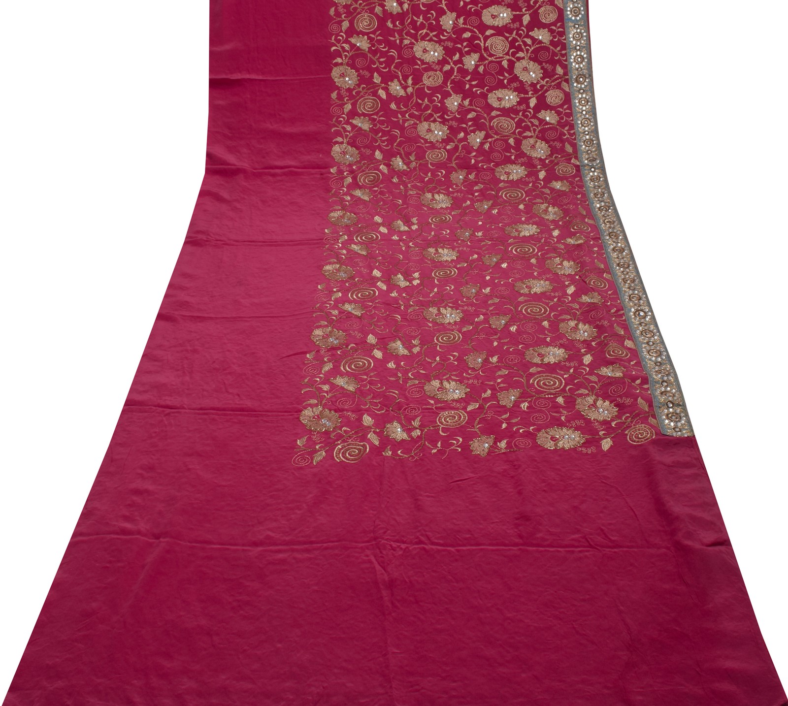 Sushila Vintage Dark Pink Saree Pure Crepe Silk Embroidered Floral Sari Fabric