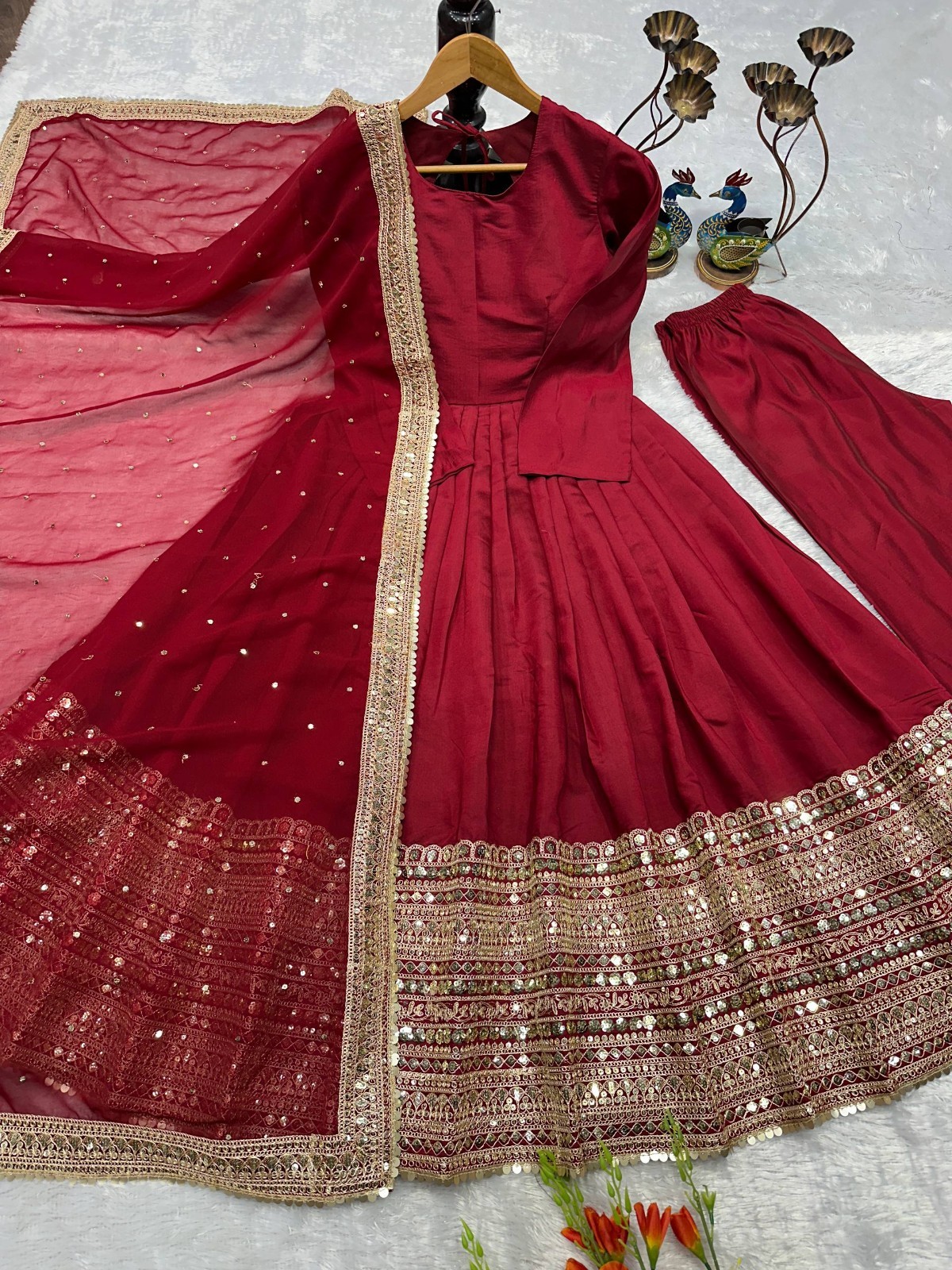Ethnic Wear Heavy Roman Silk Maroon Gown Bottom With Dupatta For Women