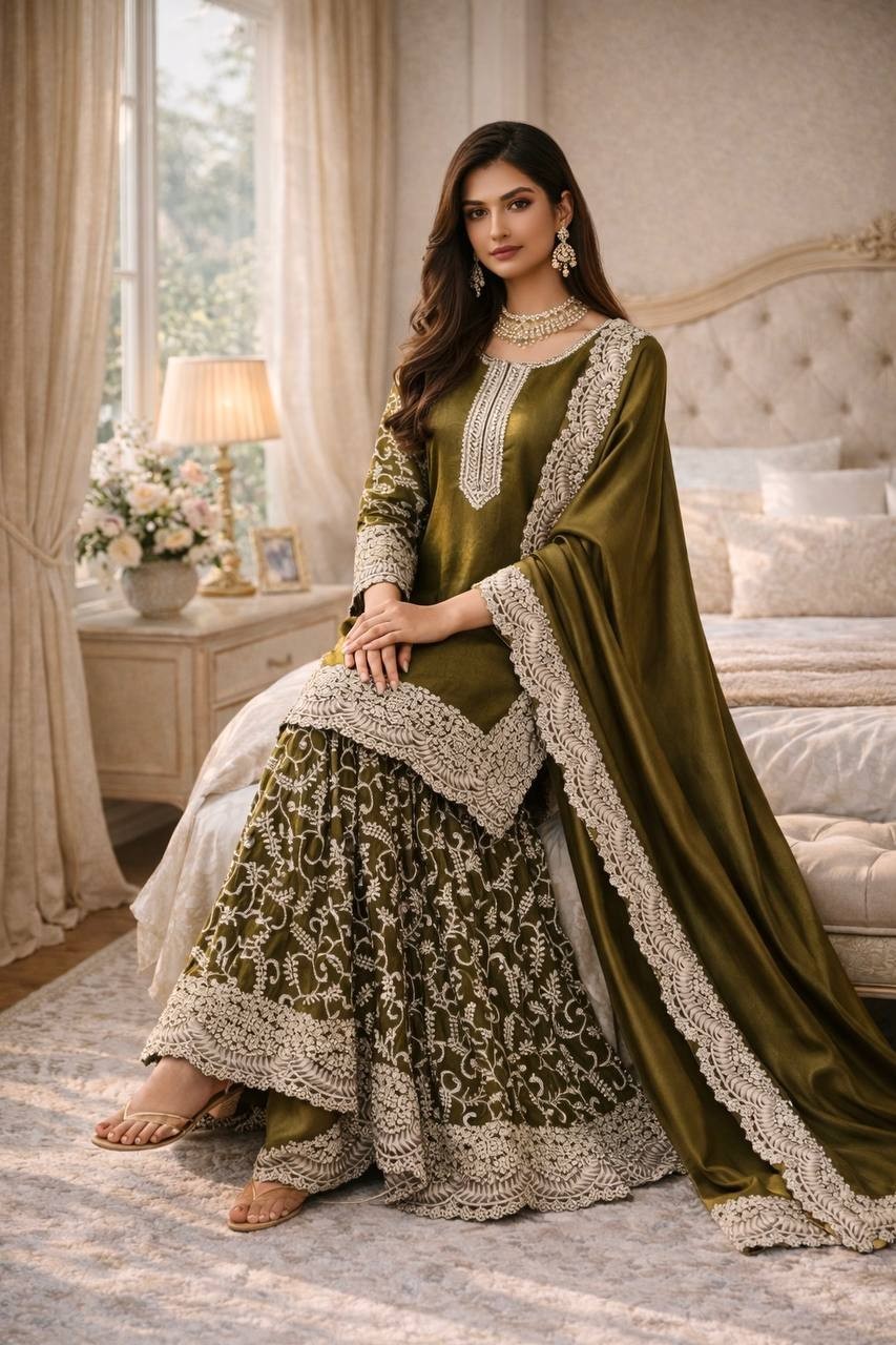 Eid Reception Party Wear Mehendi Green Fandy Silk Sharara Plazzo Suit
