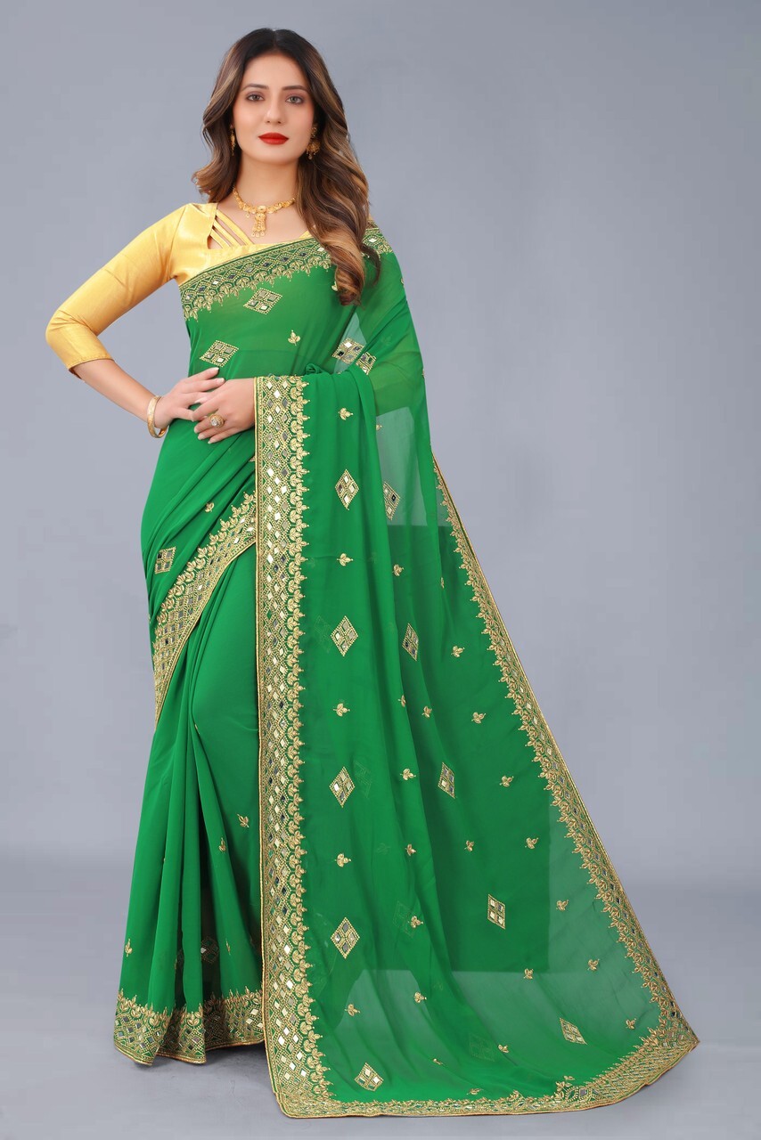 Embroidered Banarasi Georgette Saree (Green)