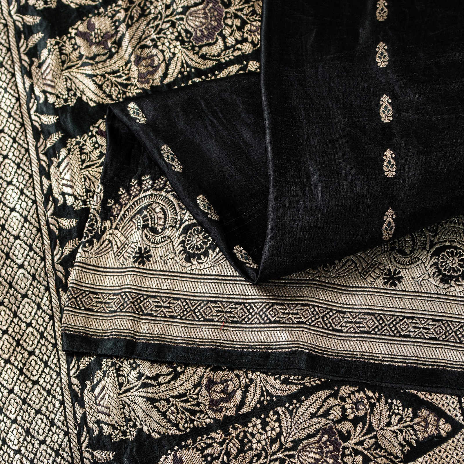 Sanskriti Vintage Black Pure Satin Sarees Banarasi Brocade Zari Hand-Woven 5+Yd