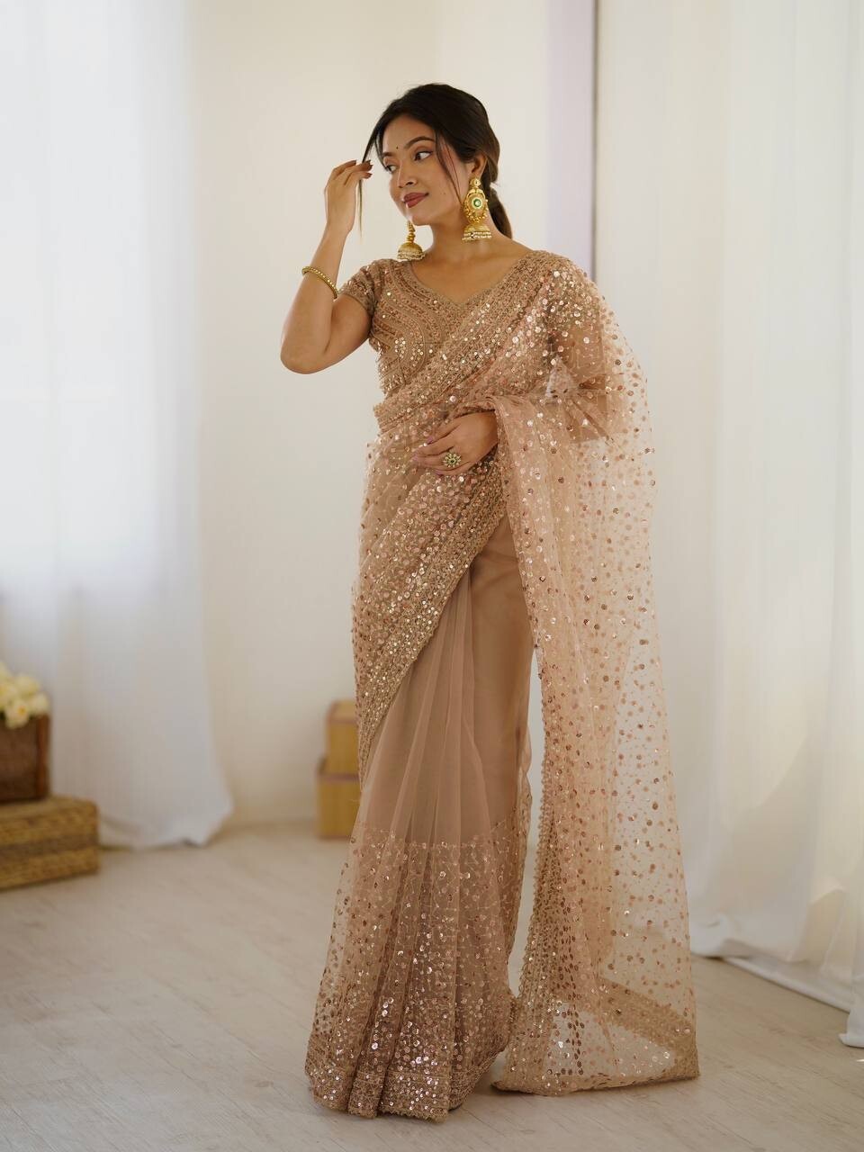 Presenting Wedding Wear Golden Net Saree With Blouse For Women & Girls