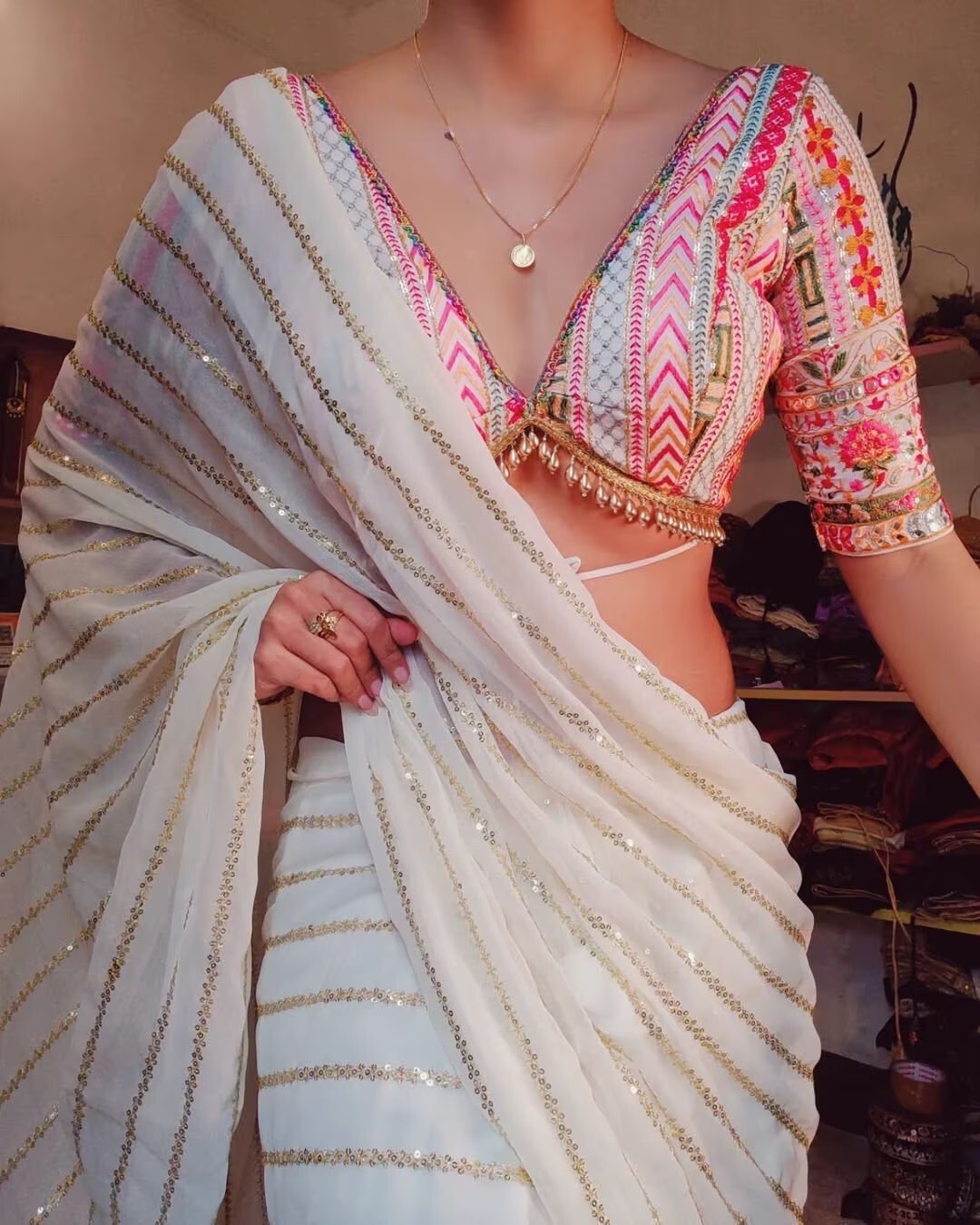 White Color Designer Saree Georgette Saree Embroidery Sequence Work Saree