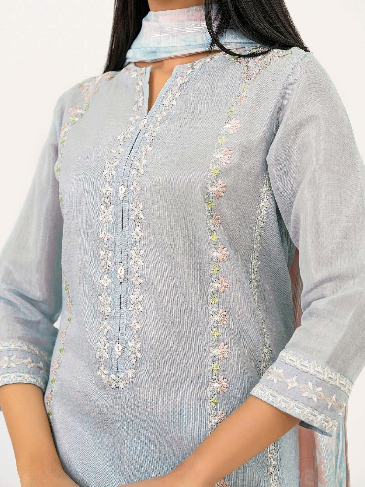 Pakistani stitched embroidered 3pc shalwar kamez cotton mysuri light gray color