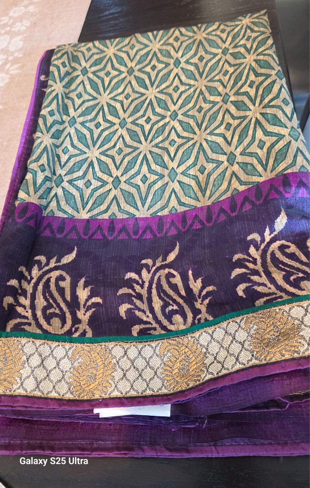 Elegant Purple Crepe Silk Saree Green Gold Zari Border & Unstitched Blouse Piece