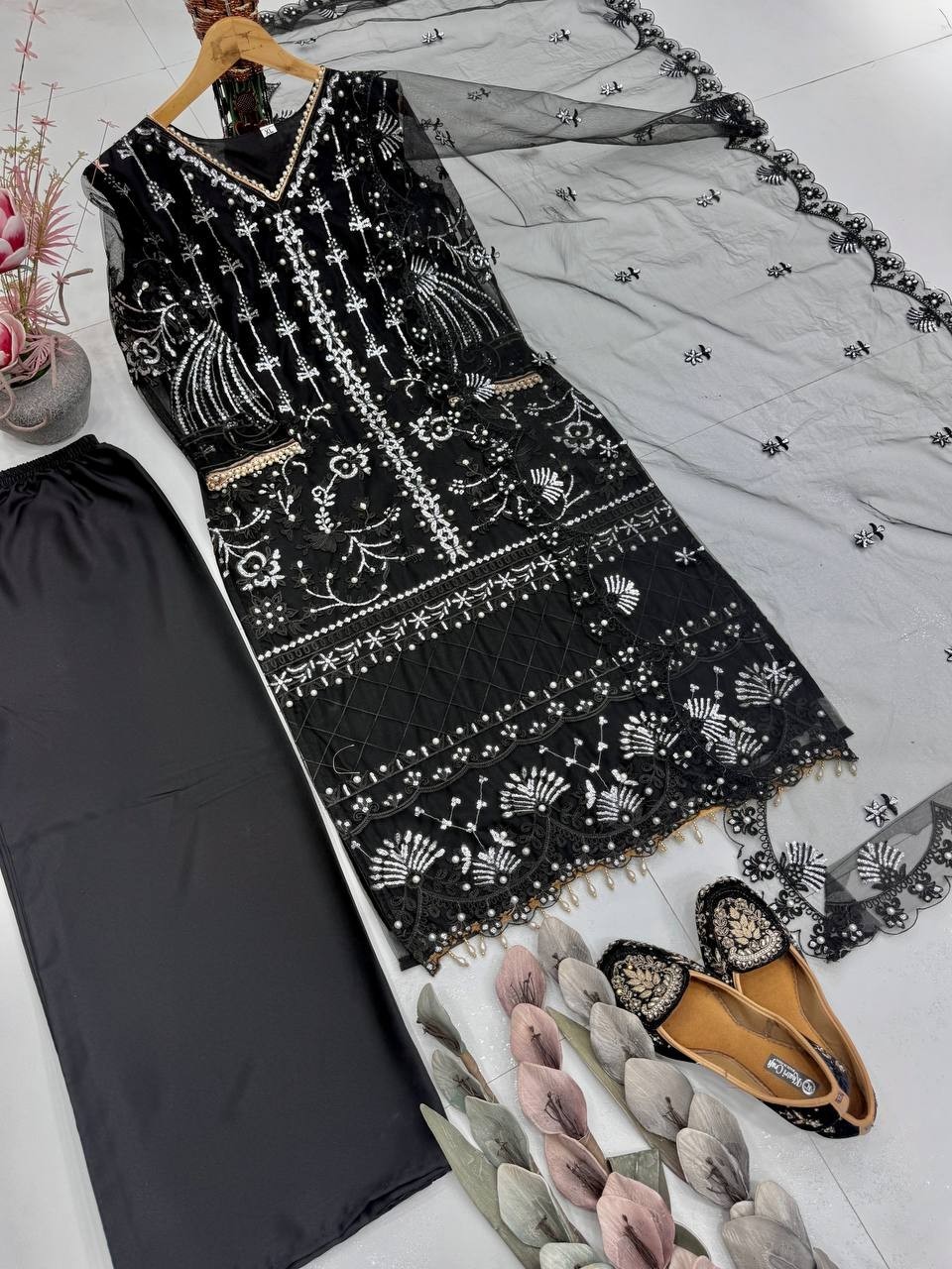Latest Beautiful Soft Net Black Palazzo Suit With Dupatta For Indian Party Wear