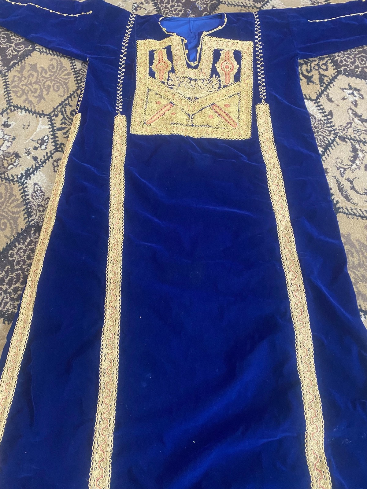 Traditional Old Palestinian Dress in Indigo Color Qasab Embroidery – Handmade