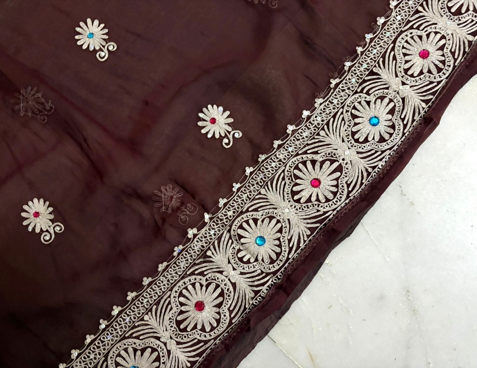 Embroidered Brown Dress Indian Vintage Georgette Recycled Fabric Saree Drape