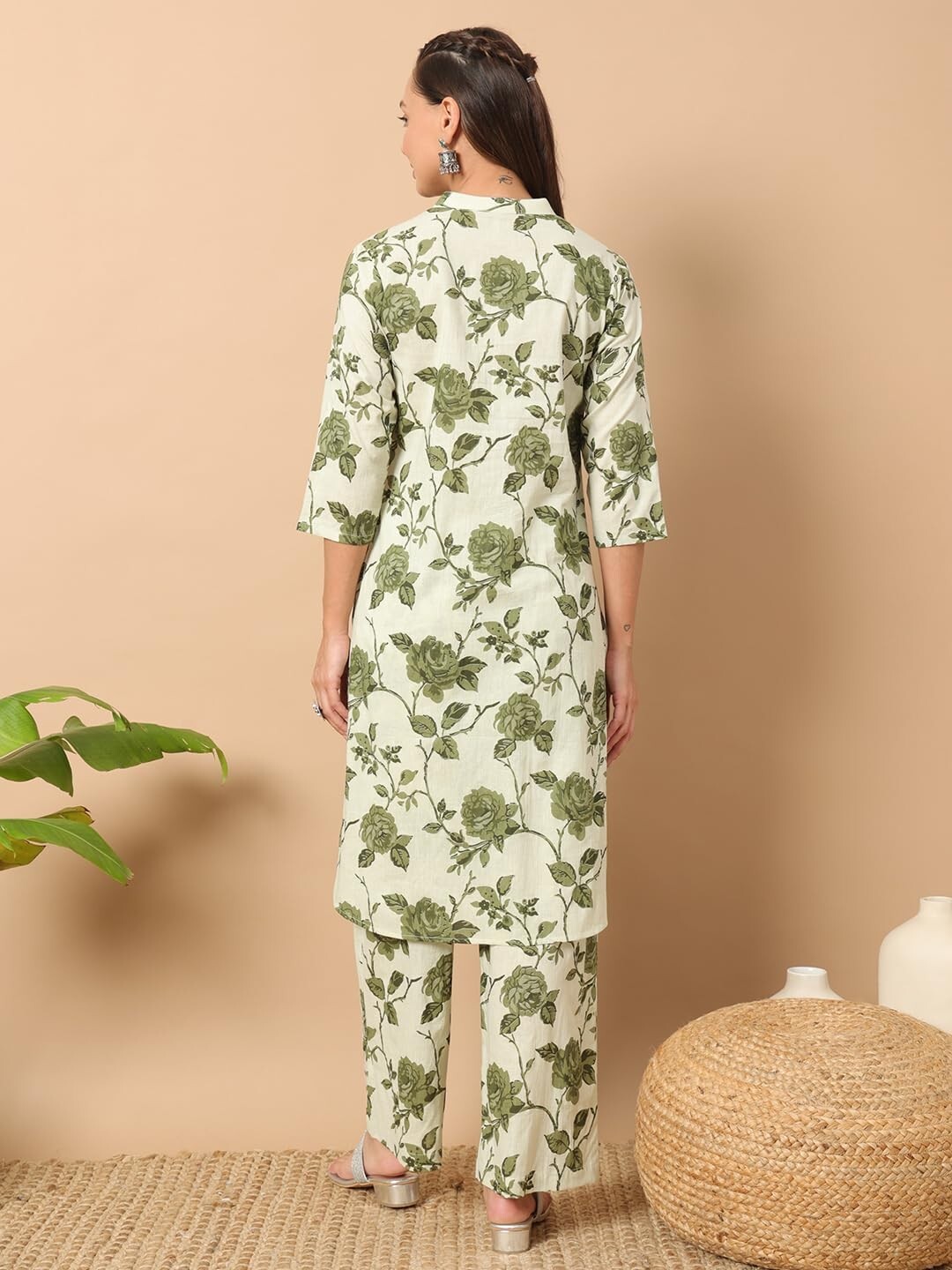 Women’s Pista Green Cotton Straight Kurta with Pant Co-ord Set