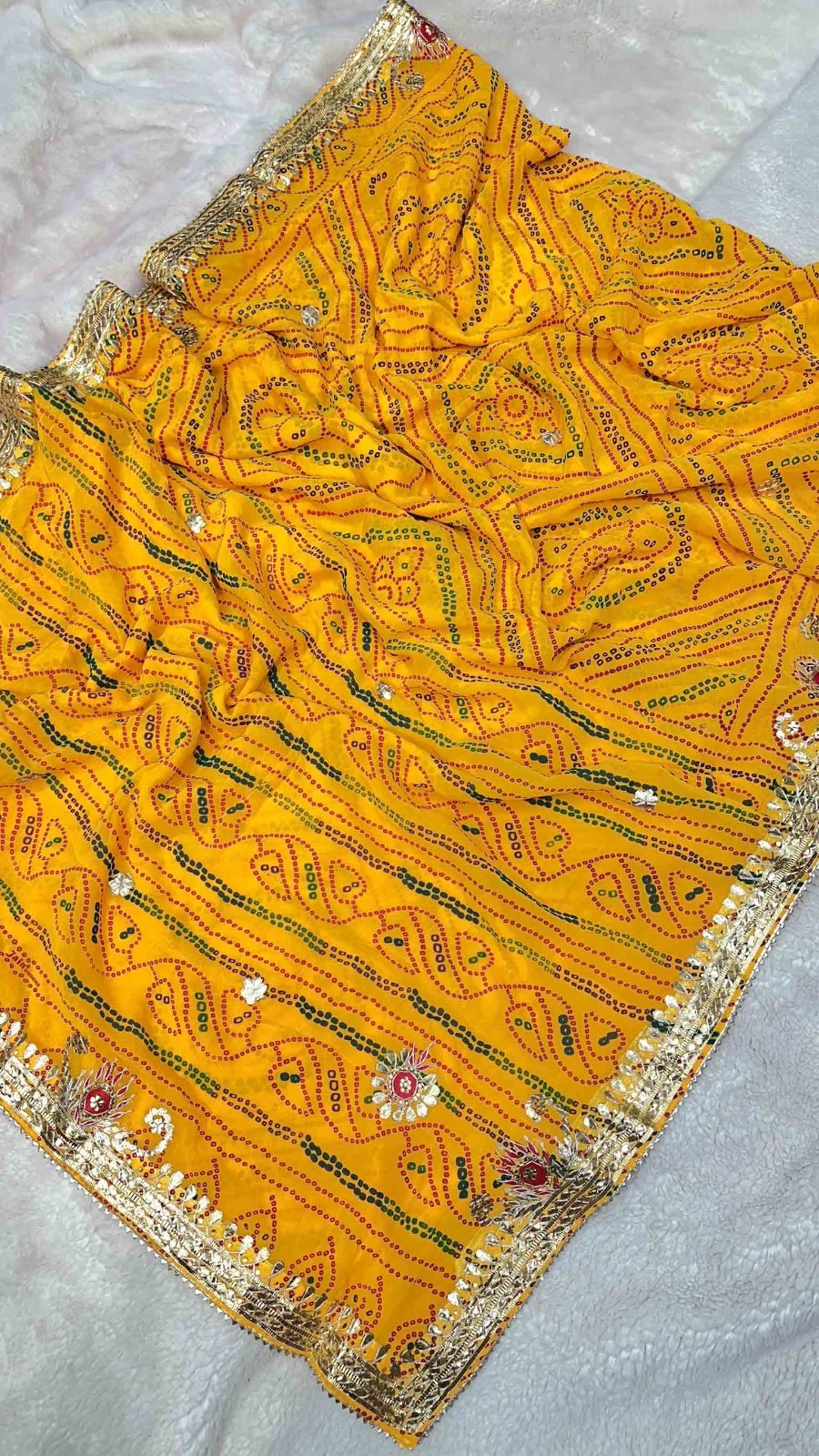 Women Yellow Bandhej Saree Georgette Fabric Gota Patti With Unstitched Blouse