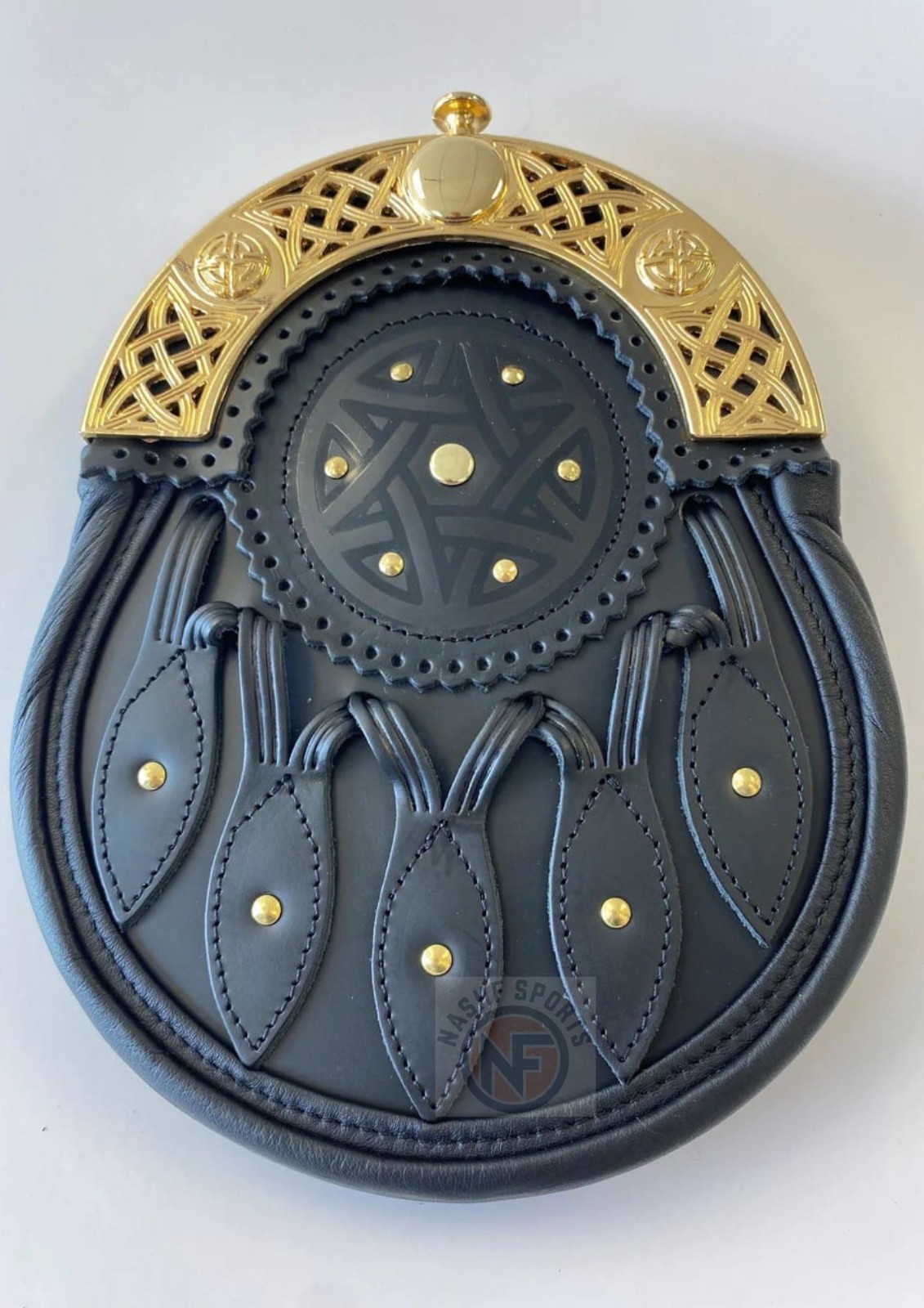 Handmade Black Real Leather Dress Sporran with Celtic Gold Cantle Kilt Accessory