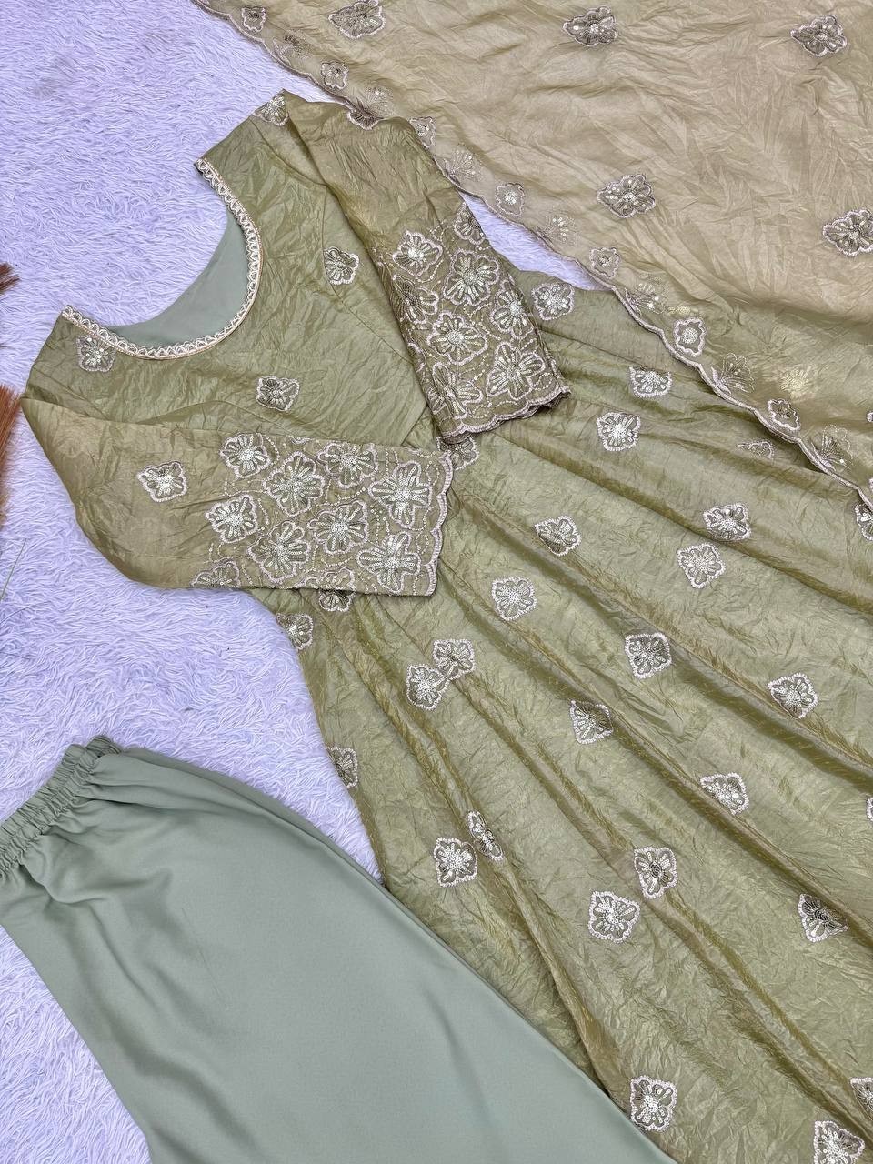 Beautiful Olive Green Gold Crush Silk Gown Bottom With Dupatta For Festival
